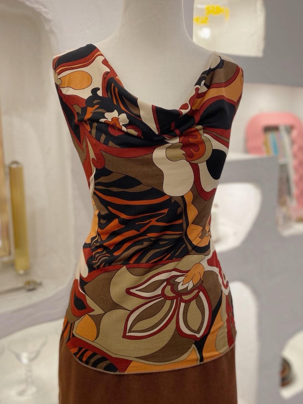 Y2K Vintage Stretchy Floral Abstract Cowl Neck Women's Tank Top Brown Multi